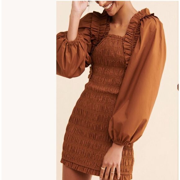Endless Rose Puff Sleeve Dress Brown Smocked Ruched Ruffle Long Puff Sleeve S - Picture 1 of 15